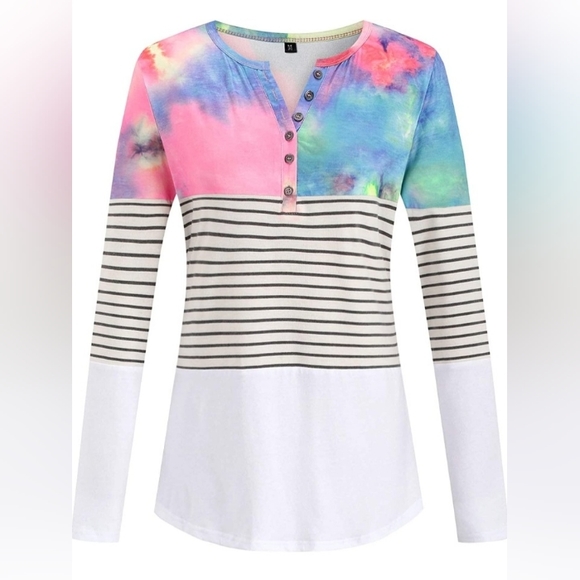 NWT☆Gorgeous Women's Long Sleeve Tie-Dye Colorblock Button Down Henley Tunic - Picture 3 of 14